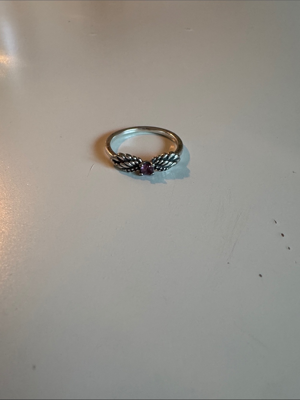 Pandora Sterling Silver Angel Wing Ring with Pink Stone